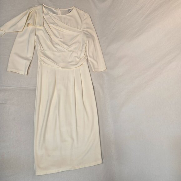 VFMAGE Ivory Pleated Asymmetrical Bow Sheath Cocktail Dress Size M LIKE NEW! - Picture 5 of 16